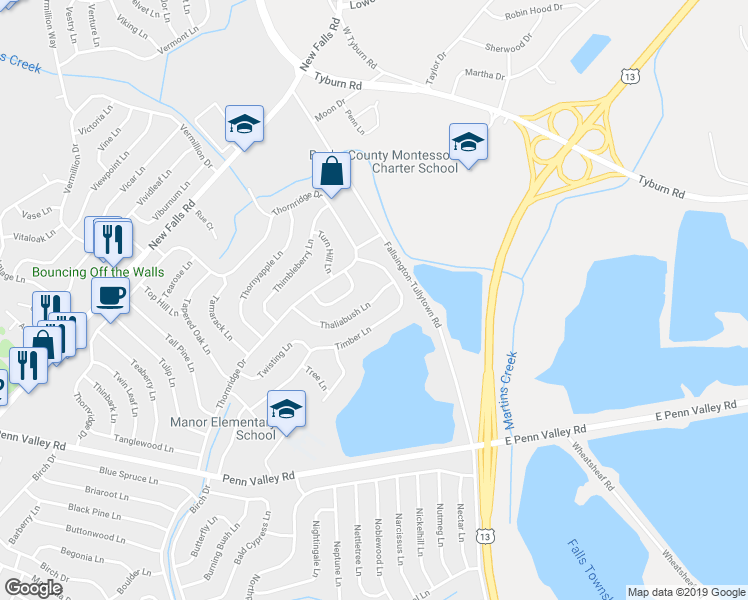 map of restaurants, bars, coffee shops, grocery stores, and more near 58 Thaliabush Lane in Levittown