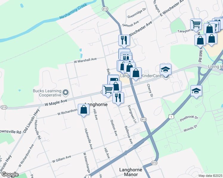 map of restaurants, bars, coffee shops, grocery stores, and more near 160 West Maple Avenue in Langhorne