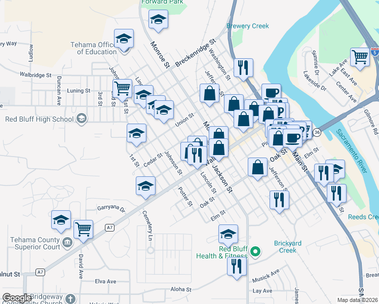map of restaurants, bars, coffee shops, grocery stores, and more near 904 Lincoln Street in Red Bluff
