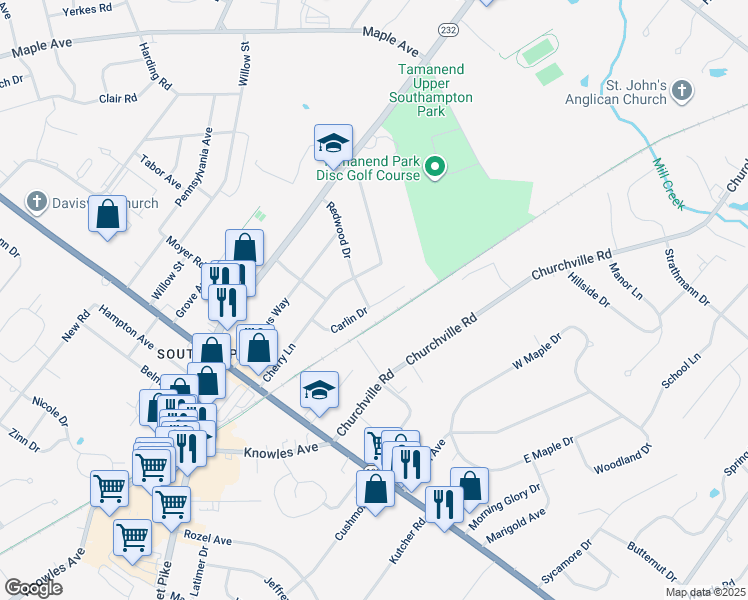 map of restaurants, bars, coffee shops, grocery stores, and more near 1000 Carlin Drive in Southampton