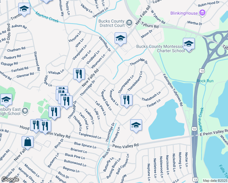 map of restaurants, bars, coffee shops, grocery stores, and more near 42 Tamarack Lane in Levittown