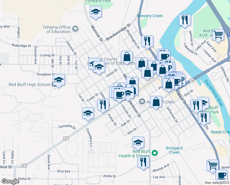 map of restaurants, bars, coffee shops, grocery stores, and more near 904 Lincoln Street in Red Bluff