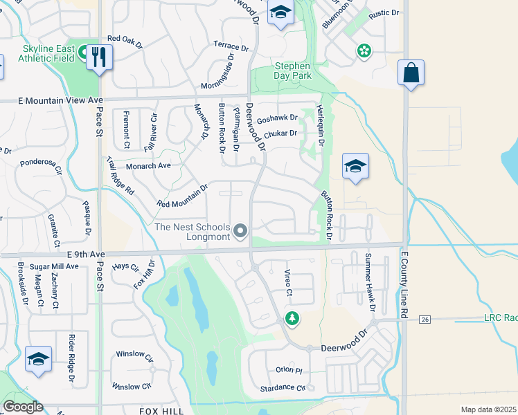 map of restaurants, bars, coffee shops, grocery stores, and more near 901 Sparrow Hawk Drive in Longmont