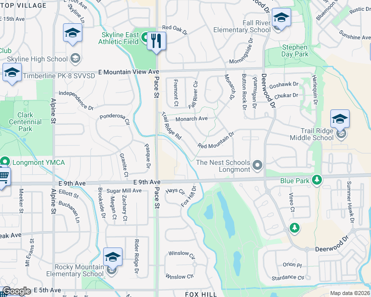 map of restaurants, bars, coffee shops, grocery stores, and more near 1277 Trail Ridge Road in Longmont