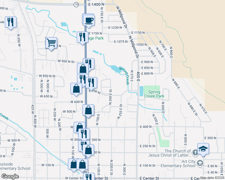 map of restaurants, bars, coffee shops, grocery stores, and more near 177 700 North in Springville