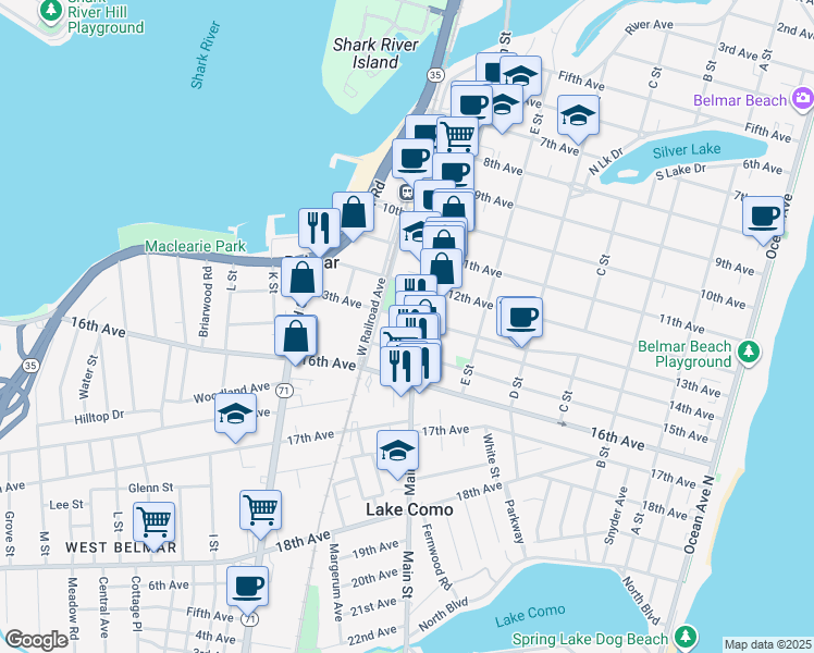 map of restaurants, bars, coffee shops, grocery stores, and more near 706 15th Avenue in Belmar