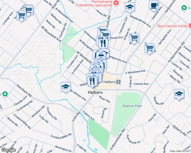 map of restaurants, bars, coffee shops, grocery stores, and more near 18 East Moreland Avenue in Hatboro