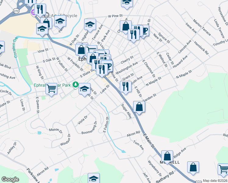 map of restaurants, bars, coffee shops, grocery stores, and more near 167 East Main Street in Ephrata