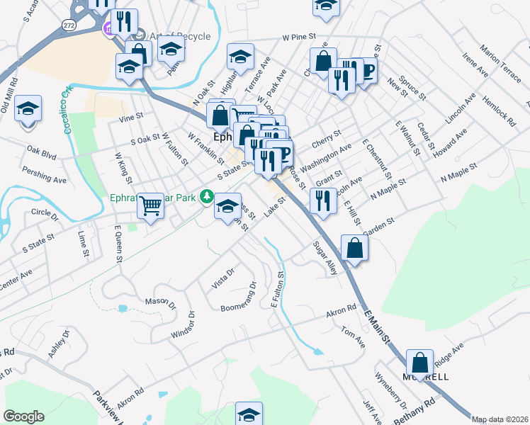 map of restaurants, bars, coffee shops, grocery stores, and more near 123 Gross Street in Ephrata