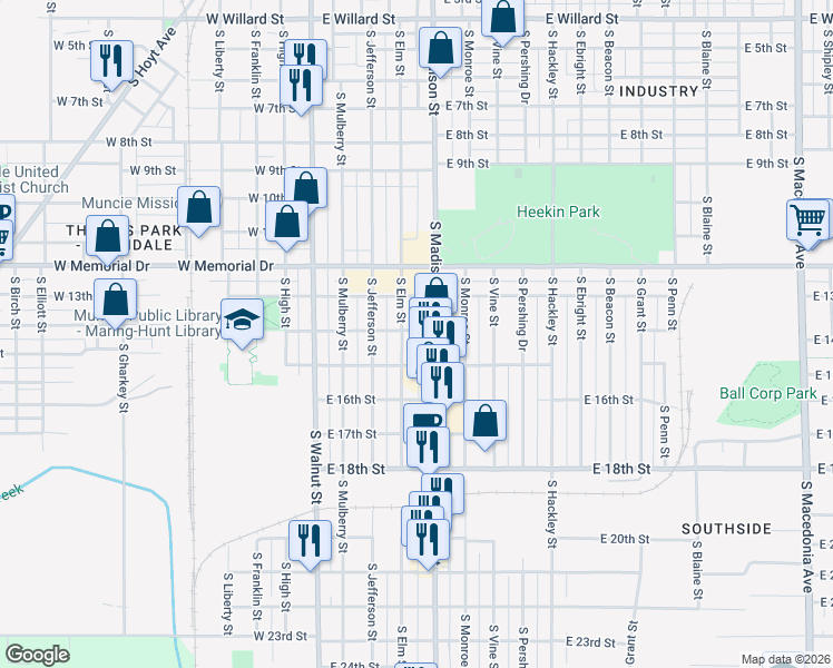 map of restaurants, bars, coffee shops, grocery stores, and more near 2100 South Elm Street in Muncie