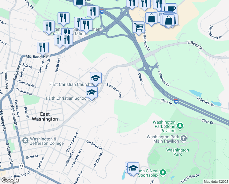 map of restaurants, bars, coffee shops, grocery stores, and more near 85 South Watson Avenue in Washington