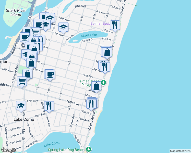map of restaurants, bars, coffee shops, grocery stores, and more near 115 11th Avenue in Belmar