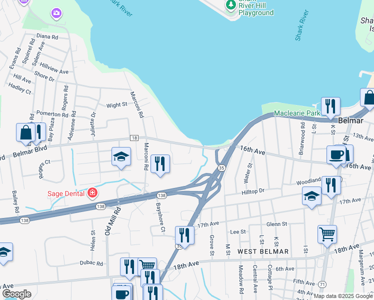 map of restaurants, bars, coffee shops, grocery stores, and more near 1404 Gannet Lane in Monmouth County
