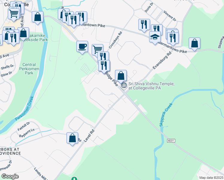 map of restaurants, bars, coffee shops, grocery stores, and more near 100 Lattice Lane in Collegeville