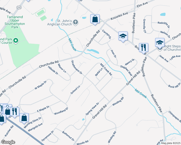map of restaurants, bars, coffee shops, grocery stores, and more near 1370 Mill Creek Road in Churchville