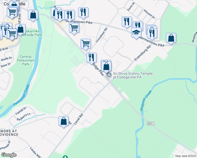 map of restaurants, bars, coffee shops, grocery stores, and more near 100 Lattice Lane in Collegeville