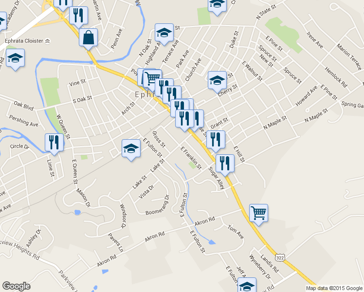 map of restaurants, bars, coffee shops, grocery stores, and more near 36 Lake Street in Ephrata