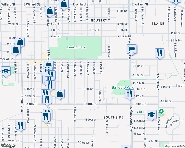 map of restaurants, bars, coffee shops, grocery stores, and more near 2101 South Grant Street in Muncie