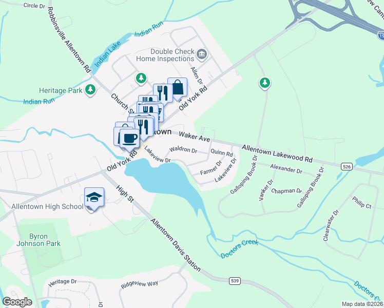 map of restaurants, bars, coffee shops, grocery stores, and more near 52 Lakeview Drive in Allentown