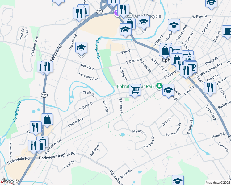 map of restaurants, bars, coffee shops, grocery stores, and more near 527 South State Street in Ephrata
