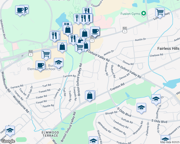 map of restaurants, bars, coffee shops, grocery stores, and more near Liberty Drive in Langhorne
