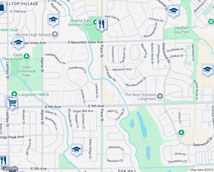 map of restaurants, bars, coffee shops, grocery stores, and more near 1000 Pace Street in Longmont