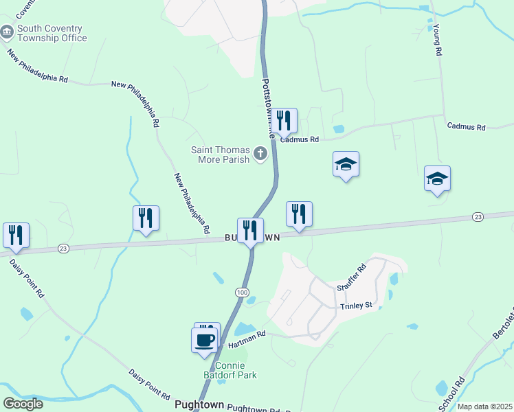 map of restaurants, bars, coffee shops, grocery stores, and more near 2175 Pottstown Pike in Pottstown