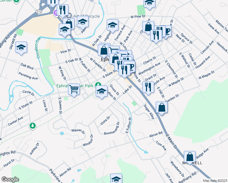 map of restaurants, bars, coffee shops, grocery stores, and more near 61 Gross Street in Ephrata