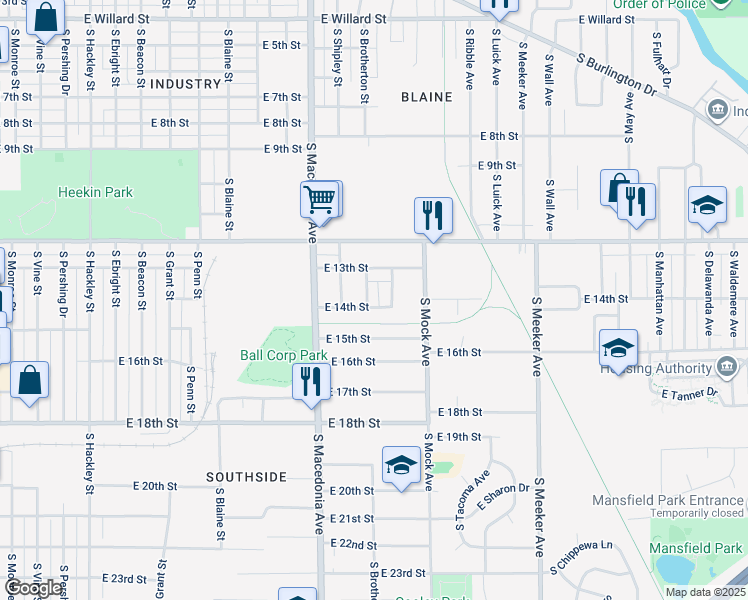 map of restaurants, bars, coffee shops, grocery stores, and more near 1901 East 14th Street in Muncie