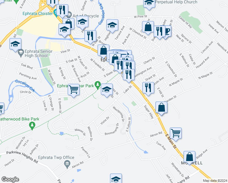 map of restaurants, bars, coffee shops, grocery stores, and more near 61 Gross Street in Ephrata