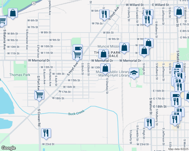map of restaurants, bars, coffee shops, grocery stores, and more near 922 West 15th Street in Muncie