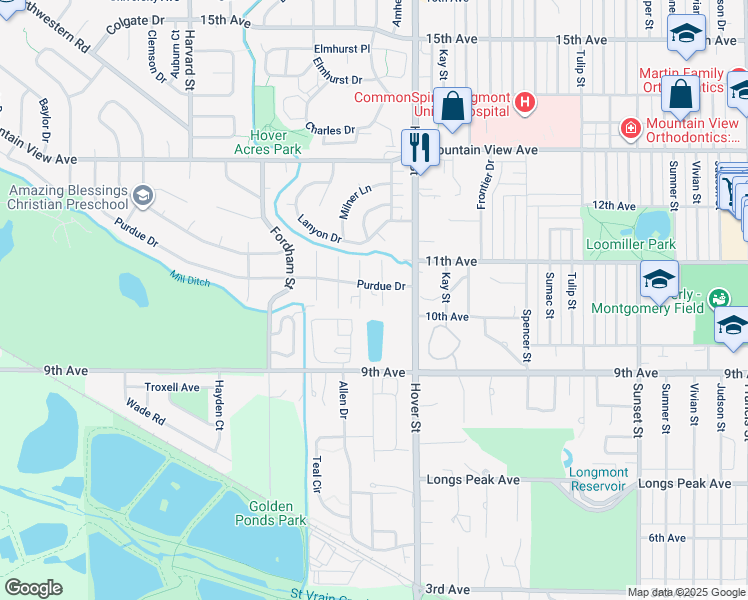map of restaurants, bars, coffee shops, grocery stores, and more near 2 Ash Court in Longmont