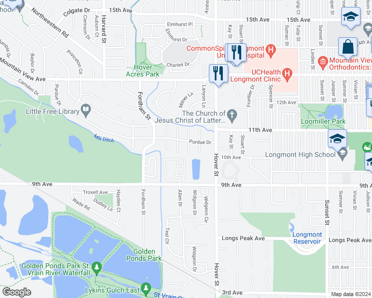map of restaurants, bars, coffee shops, grocery stores, and more near 5 Birch Court in Longmont