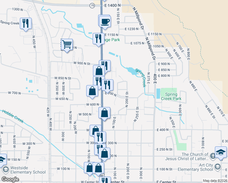 map of restaurants, bars, coffee shops, grocery stores, and more near 103 700 North in Springville