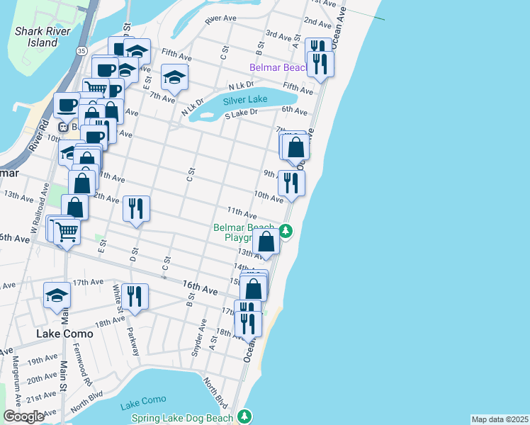map of restaurants, bars, coffee shops, grocery stores, and more near 115 11th Avenue in Belmar