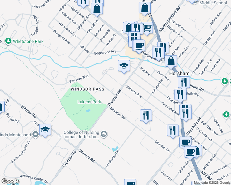 map of restaurants, bars, coffee shops, grocery stores, and more near 500 Dresher Road in Horsham