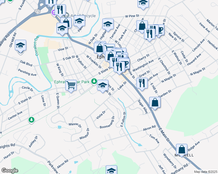 map of restaurants, bars, coffee shops, grocery stores, and more near 123 Gross Street in Ephrata