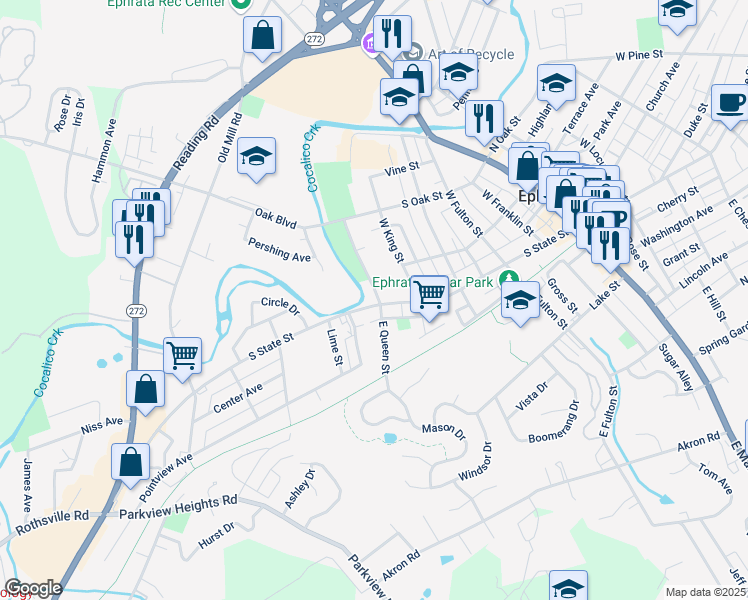 map of restaurants, bars, coffee shops, grocery stores, and more near 516 South State Street in Ephrata