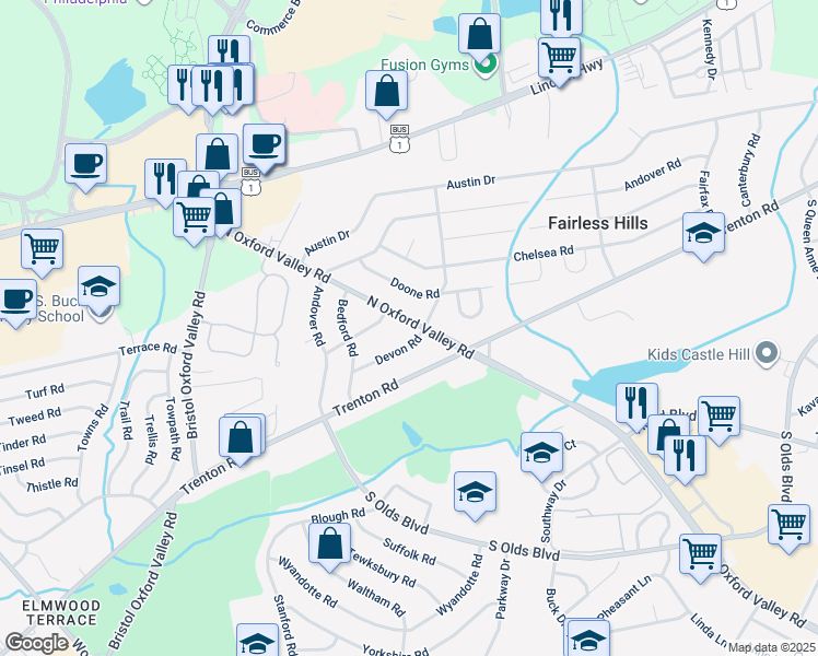 map of restaurants, bars, coffee shops, grocery stores, and more near 207 North Oxford Valley Road in Fairless Hills
