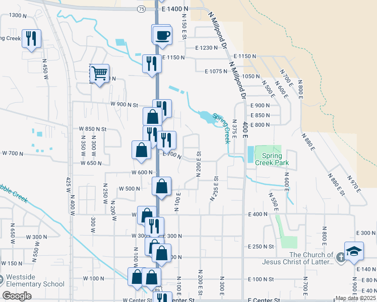 map of restaurants, bars, coffee shops, grocery stores, and more near 164 East 750 North in Springville
