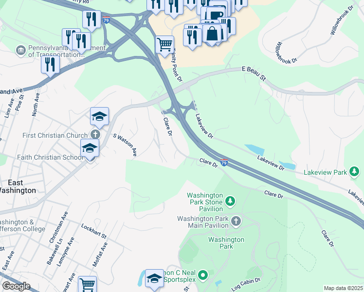 map of restaurants, bars, coffee shops, grocery stores, and more near 203 Clare Drive in Washington