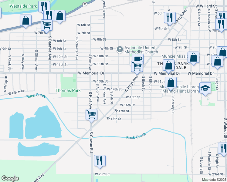 map of restaurants, bars, coffee shops, grocery stores, and more near 1442 West 15th Street in Muncie