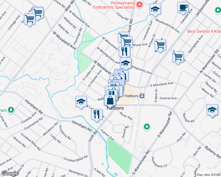 map of restaurants, bars, coffee shops, grocery stores, and more near 35 Orchard Avenue in Hatboro