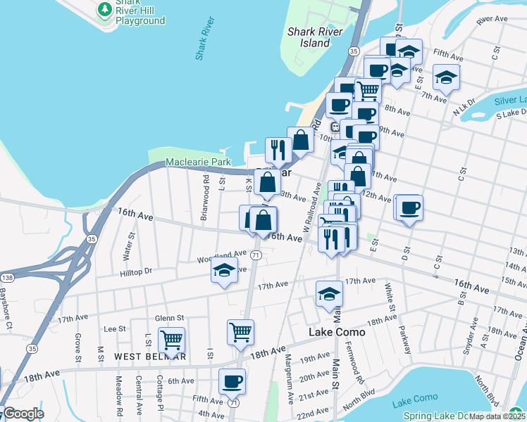 map of restaurants, bars, coffee shops, grocery stores, and more near 1320 Highway 71 in Belmar