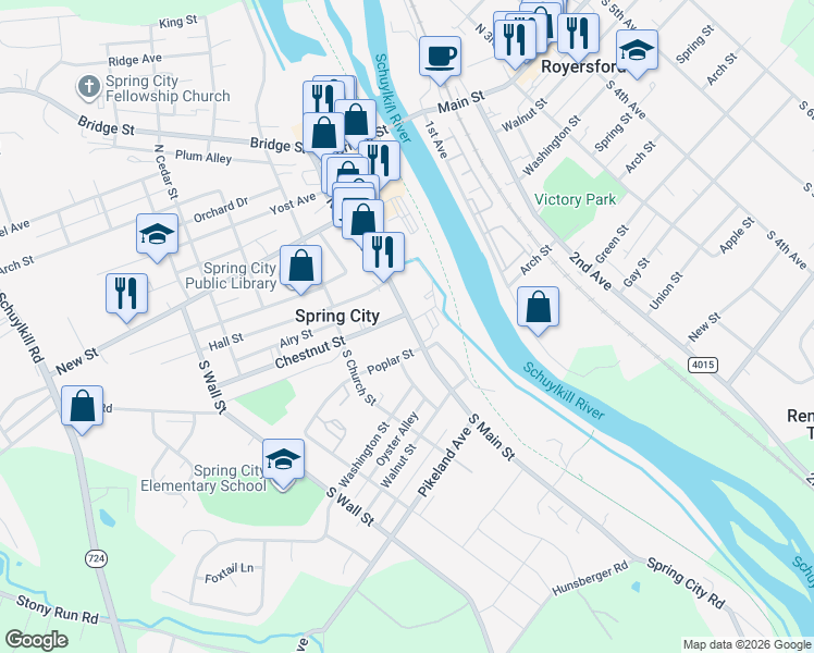 map of restaurants, bars, coffee shops, grocery stores, and more near 136 South Main Street in Spring City