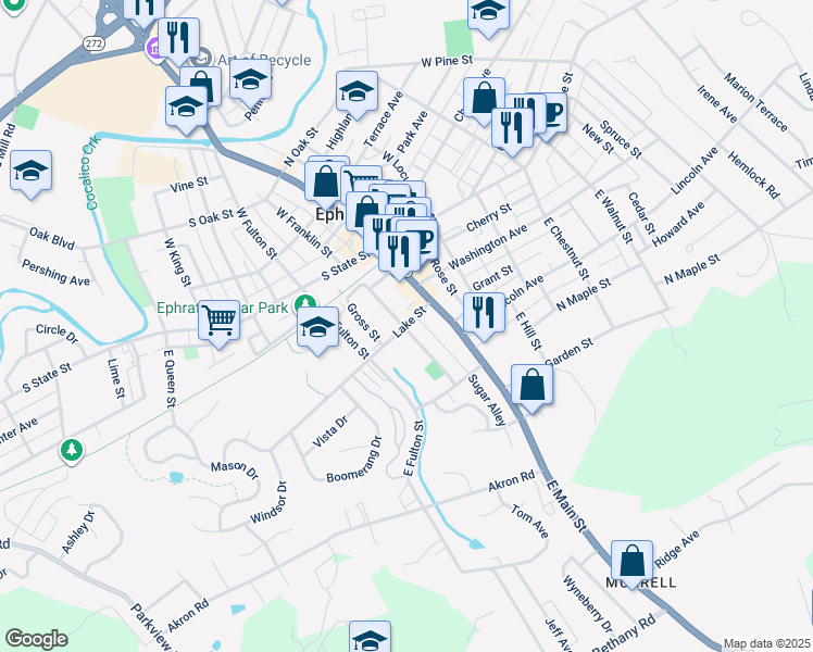 map of restaurants, bars, coffee shops, grocery stores, and more near 38 Lake Street in Ephrata