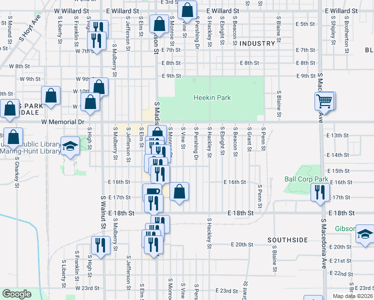 map of restaurants, bars, coffee shops, grocery stores, and more near 2105 South Pershing Drive in Muncie