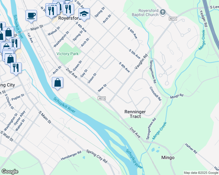 map of restaurants, bars, coffee shops, grocery stores, and more near 804 Maple Avenue in Royersford