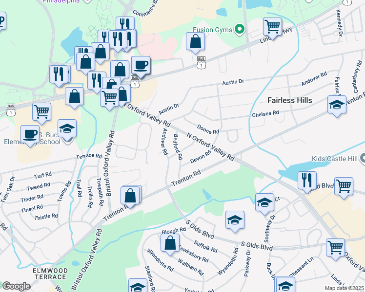 map of restaurants, bars, coffee shops, grocery stores, and more near 207 Coventry Road in Fairless Hills
