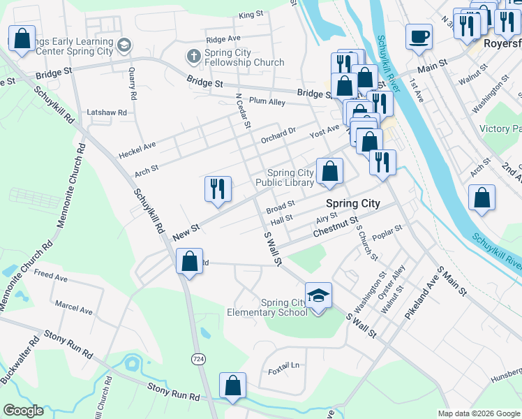 map of restaurants, bars, coffee shops, grocery stores, and more near 431 Broad Street in Spring City